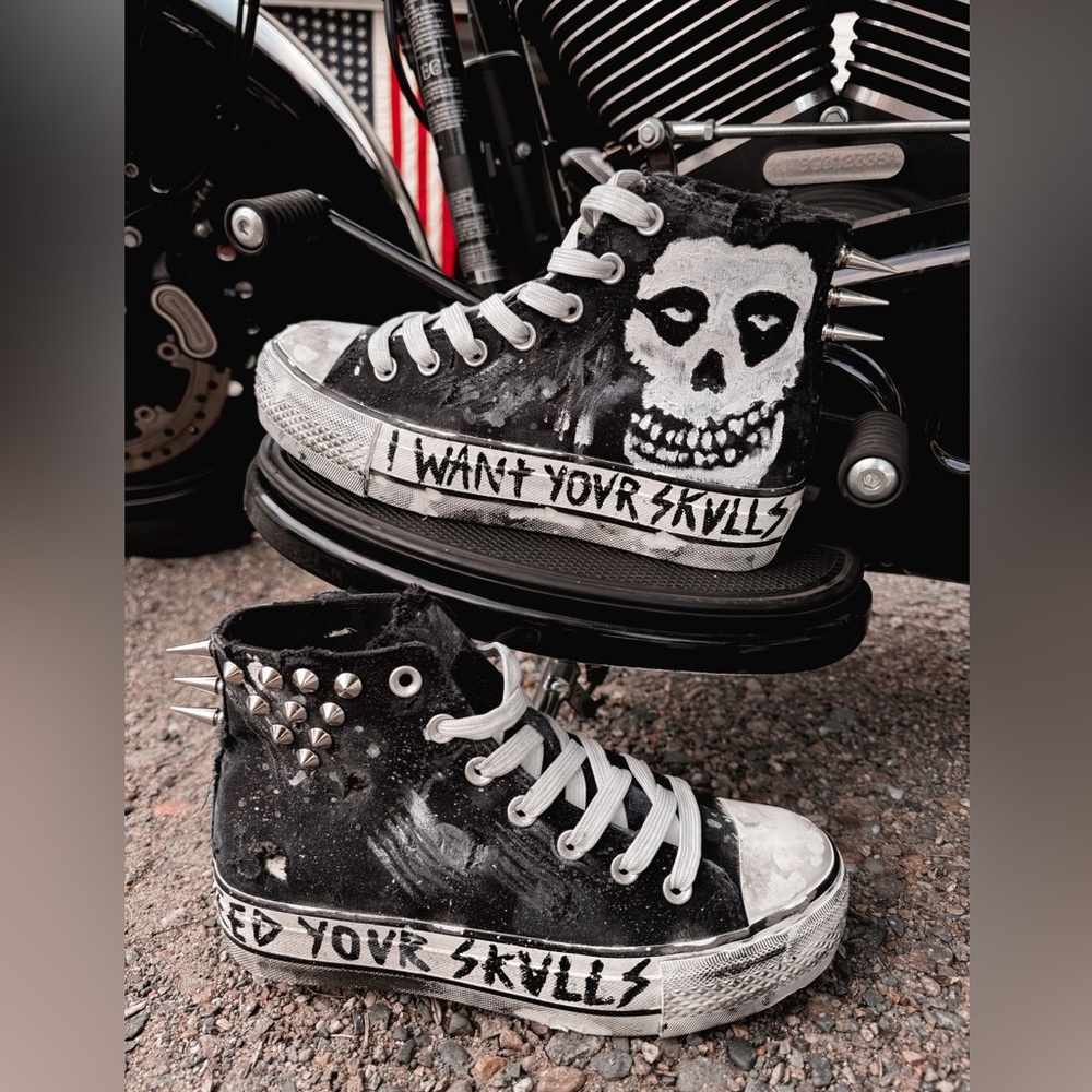 Black and White Platform Sneakers with Skull Design